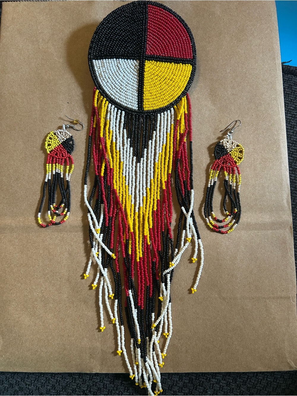 Handmade Beaded Fringe Hairpiece & Earring Set in Red, Yellow, Black & White